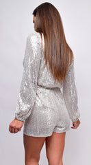 Tempo Silver Sequin Long Sleeve Belted Romper