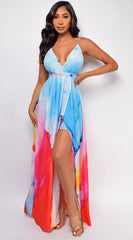 Bay Blue Multi Color Slit Maxi Dress