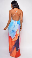 Bay Blue Multi Color Slit Maxi Dress