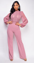 Nerine Crochet Lace Mesh Jumpsuit - Pink