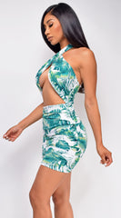 Lydia White Tropical Print Front Wrap Halter Dress