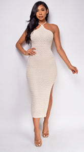 Athenia Light Beige Crochet Knit Midi Dress