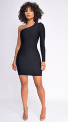 Janis Black One Shoulder Long Sleeve Bandage Dress