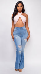 Jade Blue Distressed High Waist Flare Jeans
