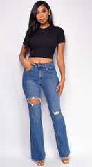 Kindra Blue Dark Wash Distressed Flared Denim Jeans