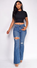 Kindra Blue Dark Wash Distressed Flared Denim Jeans