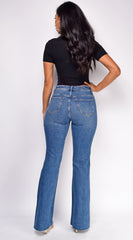 Kindra Blue Dark Wash Distressed Flared Denim Jeans