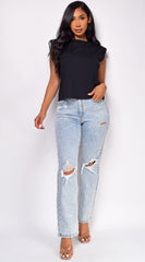 Evalina Light Wash Distressed Straight Leg Denim Jeans