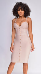Nelinha Gold Button Bandage Dress - Nude