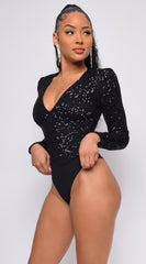 All Shine Black Long Sleeve Sequin Bodysuit