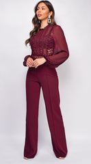Nerine Crochet Lace Mesh Jumpsuit - Burgundy Red