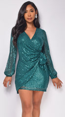 Ivey Hunter Green Sequin Wrap Mini Dress