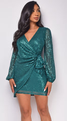 Ivey Hunter Green Sequin Wrap Mini Dress