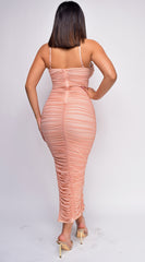 Kana Blush Pink Ruched Mesh Slit Dress