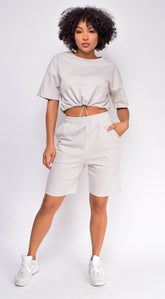 Nia Stone Gray Crop Drawstring Top And Short Set