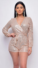 Tempo Rose Gold Sequin Long Sleeve Belted Romper