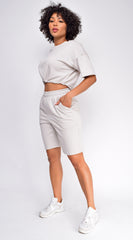 Nia Stone Gray Crop Drawstring Top And Short Set