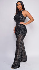 Kallan Black Mock Neck Sequin Jumpsuit