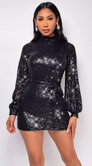 Heavenly Black Sequin Long Sleeve Mock Neck Belted Mini Dress