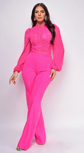 Nerine Crochet Lace Mesh Jumpsuit - Ultra Pink