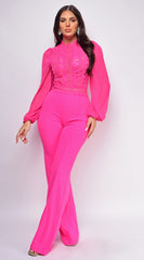 Nerine Crochet Lace Mesh Jumpsuit - Ultra Pink