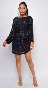 Tara Black Belted Sequin Dress