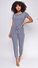 All Day Long Blue Gray Short Sleeve Drawstring Jogger Jumpsuit