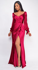 Adalina Burgundy Red Satin Wrap Slit Gown