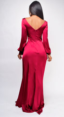 Adalina Burgundy Red Satin Wrap Slit Gown