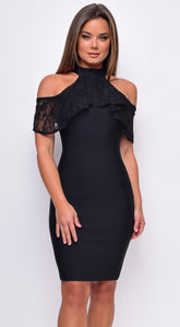 Evenia Black Mock Neck Lace Ruffle Open Shoulder Bandage Midi Dress