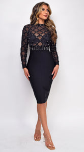 Kegan Black Studded Mesh High Neck Bandage Dress