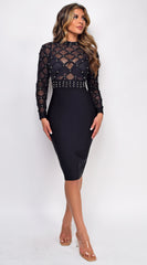 Kegan Black Studded Mesh High Neck Bandage Dress