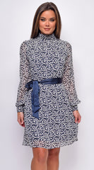 Sensation White Navy Floral Mock Neck Waist Tie Mini Dress
