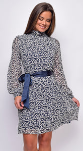 Sensation White Navy Floral Mock Neck Waist Tie Mini Dress