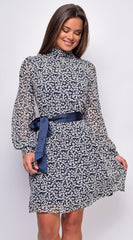 Sensation White Navy Floral Mock Neck Waist Tie Mini Dress