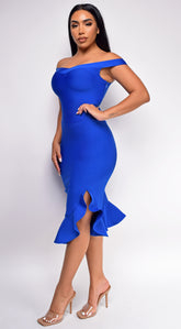 Harmoni Royal Blue Off Shoulder Bandage Midi Dress