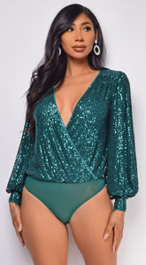 Devon Green Surplice Sequin Bodysuit