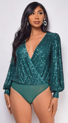 Devon Green Surplice Sequin Bodysuit