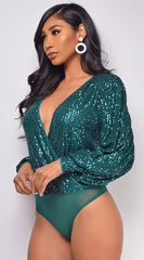 Devon Green Surplice Sequin Bodysuit