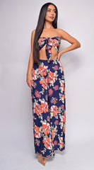 Maira Blue Coral Floral Front Tie Crop Top & Pants Set