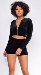 Tempted to Touch Black Velour Crop Hoodie Shorts Set