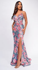 Zia Pink Floral Sequin Gown