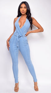 Aline Blue Plunge Surplice Denim Jumpsuit