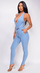 Aline Blue Plunge Surplice Denim Jumpsuit