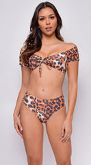 Canouan Brown Leopard Front Tie Off Shoulder Bikini Swimsuit
