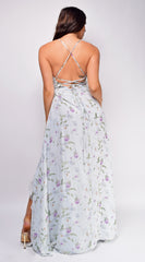 Celea Blue Floral Print Surplice Ruffle Maxi Dress
