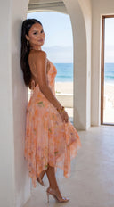 Esperalia Floral Halter Asymmetric Midi Dress - Orange Multi