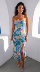 Aquarella Floral Strapless Tube Midi Dress - Blue Multi