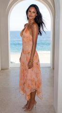 Esperalia Floral Halter Asymmetric Midi Dress - Orange Multi