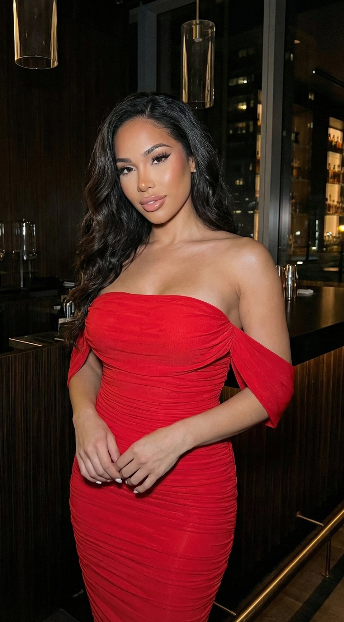 Kat Mesh Off Shoulder Dress - Red